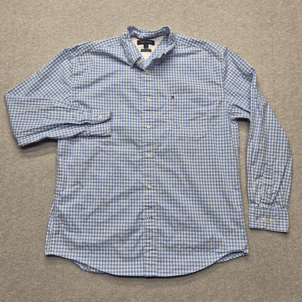 Tommy Hilfiger Button Down Shirt Mens L Blue White Checkered Classic Fit Cotton